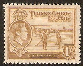Turks and Caicos 1938 1s Yellow-bistre. SG202.